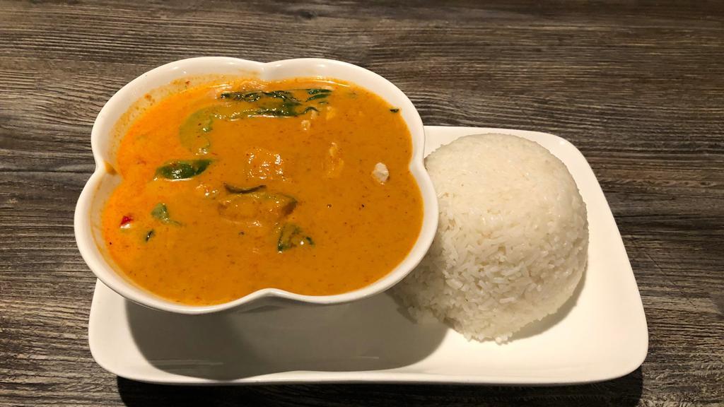 Chicken Pumpkin Curry · Chicken pumpkin red curry with bell pepper and Thai basil.