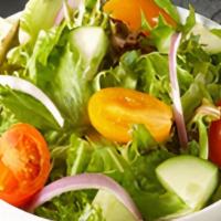 Mixed Green Salad · Mixed greens tossed with red onion, tomato, cucumbers & served with Italian dressing