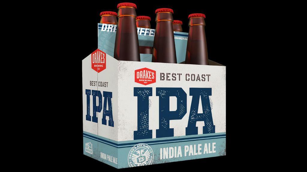 Best Coast - 6 Pack · West Coast IPA, 7% ABV (6 pack of 12oz bottles). **NOT FOR CONSUMPTION IN THE RESTAURANT**. A classic West Coast IPA! Best Coast IPA is a harmonious fusion of resinous pine and orange peel cascading over a backdrop of lightly toasted caramel and brisk bitterness. Revel in the bright aromatics and let Drake’s Best Coast IPA show you why the West Coast is the Best Coast!