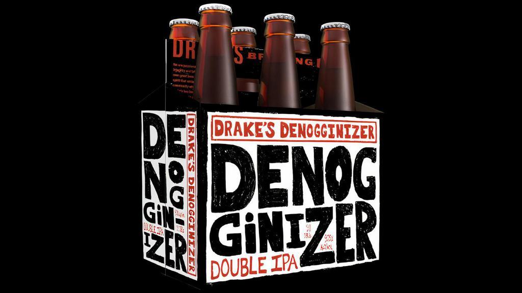 Denogginizer - 6 Pack · Double IPA, 9.75% ABV (6 pack of 12oz bottles). **NOT FOR CONSUMPTION THE RESTAURANT**. Brace yourself. Denogginizer is a massive Double IPA that’s sublimely hopped with an over-the-top dosing of dank, sticky, West Coast hops. With just enough malt backbone to keep the big, bold, resinous hop monster in check, be careful, you might lose your head to the Denogginizer.