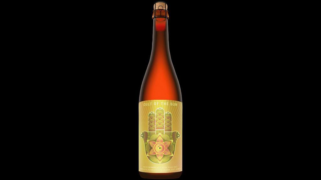 Cult of the Sun - 500ml Bottle · Sour Blonde w/Yuzu Lemon and Buddha's Hand, 4.6% ABV - 500ml . **NOT FOR CONSUMPTION IN THE RESTAURANT**. A batch of our Blonde sour ale, fermented in stainless with Brett yeast and Lacto for a month and a half. The batch was then split into Zinfindel barrels and conditioned for a minimum of 8 months. We then blend the beer back into a stainless tank and add Japanese Yuzu lemons and Buddhas Hand Citron and Mandarinquats. The combination is brightly citrus with notes of bitter grapefruit, mandarin orange, and a grassy, herbal flavor, rounded by a subtle brett funk.