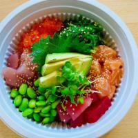 Poke Donburi · Poke bowl with tuna, salmon, albacore, tobiko, avocado, edamame, seaweed salad and garlic po...