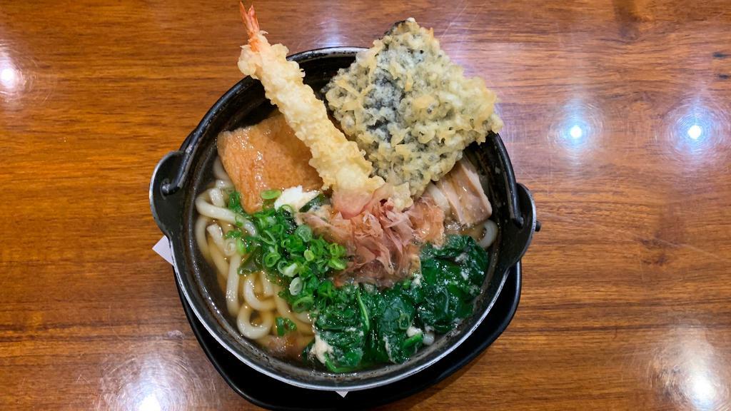 Nabeyaki Udon · Japanese noodle in broth, with shrimp tempura, chicken, egg, fish cake, vegetables