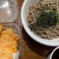 Tenzaru Soba  · Japanese buckwheat noodle with dipping sauce, aside of shrimp & vegetable tempura