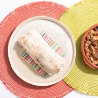 Grilled Chicken Burrito Burrito · Burrito with grilled chicken, white rice, black beans, pico de gallo, and salsa on a flour t...