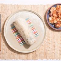 Grilled Shrimp Burrito Burrito · Burrito with grilled shrimp, white rice, black beans, pico de gallo, and salsa on a flour to...