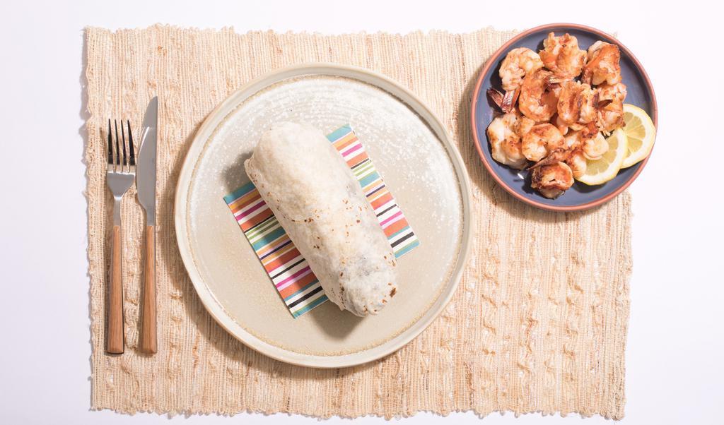 Grilled Shrimp Burrito Burrito · Burrito with grilled shrimp, white rice, black beans, pico de gallo, and salsa on a flour tortilla