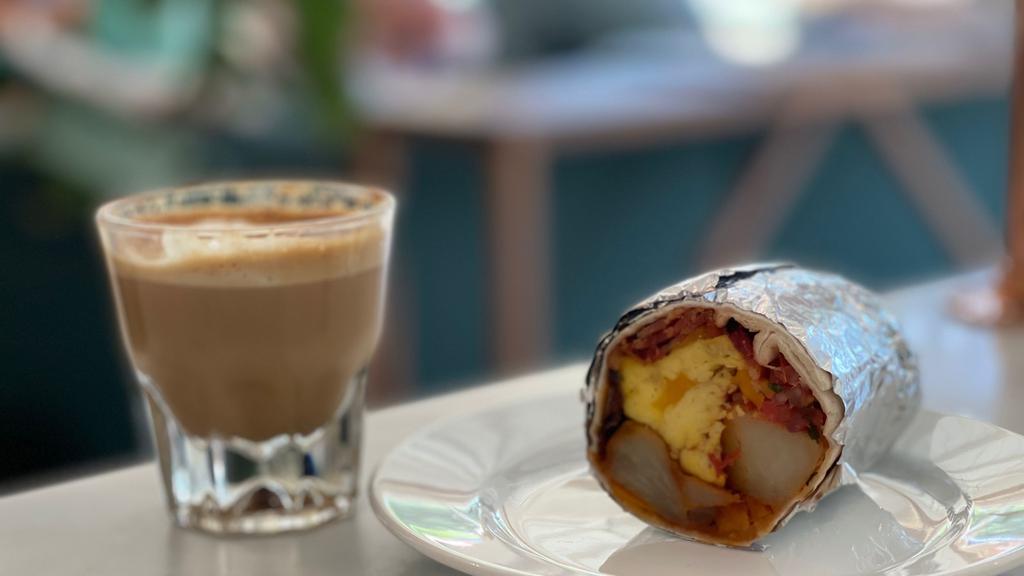 Breakfast Burrito · Eggs, potatoes, bacon, pico de gallo