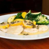 Chicken Piccata · Chicken breast sautéed with cappers (sauce is a reduction of white wine, butter, and lemons)