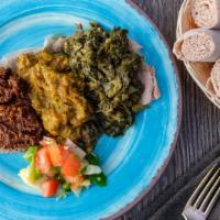 Meat Combination · Sample plate of minchet abish, gomen besiga and lamb alicha wot.
