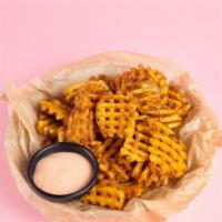 Waffle Fries · Crispy waffle fries with homemade spicy mayo.
