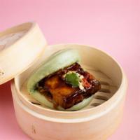 (2) Pork Belly Bao · Two Steamed gua bao: Green onion bao bun with pork belly, Fresno chill, cilantro, and crushe...
