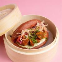 (2) Korean Chicken Bao · Two Steamed gua bao: Beet bao bun with Korean sweet and spicy chicken, shiso sauce, slaw, an...