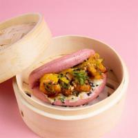 (2) Saute Shrimp Bao · Two steamed dragonfruit bao bun with shrimp, shiso sauce, pickled daikon, green onions, frie...