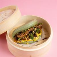 (2) Glazed Eggplant Bao · Two Steamed gua bao: Green onion bao bun with house glazed eggplant, carrot mint sauce, wasa...