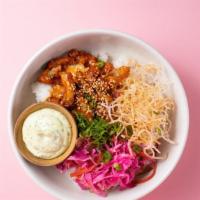 Korean Chicken Rice Bowl · Crispy chicken mixed in a vibrant red sauce, Bánh mì slaw, Thai basil Mayo and togarashi cri...
