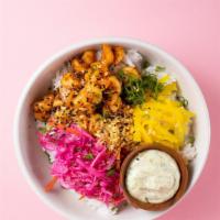 Saute Shrimp Rice Bowl · Sweet & spicy shrimp with Thai basil sauce, pickled radish, green onions, fried garlic and f...