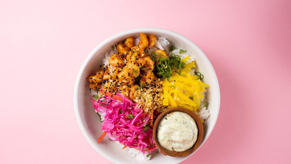 Saute Shrimp Rice Bowl · Sweet & spicy shrimp with Thai basil sauce, pickled radish, green onions, fried garlic and furikake mix served over steamed rice.