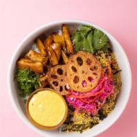 Glazed Eggplant Rice Bowl · Homemade hoisin glazed eggplant served with carrot-mint sauce, wasabi lotus root chip, herbs...