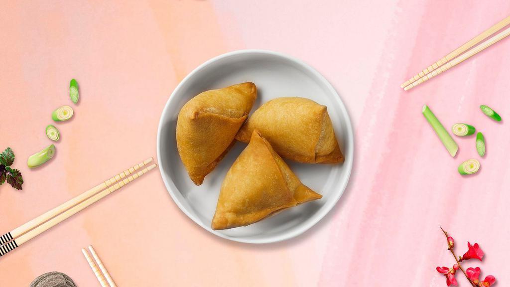 Thai Sayonara Samosa · Crispy puff pastry filled with potatoes, onions, and curry powder served with cucumber salad.