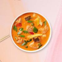 P Is For Curry · Panang curry with bell peppers and mushrooms cooked in coconut milk topped with crispy Thai ...
