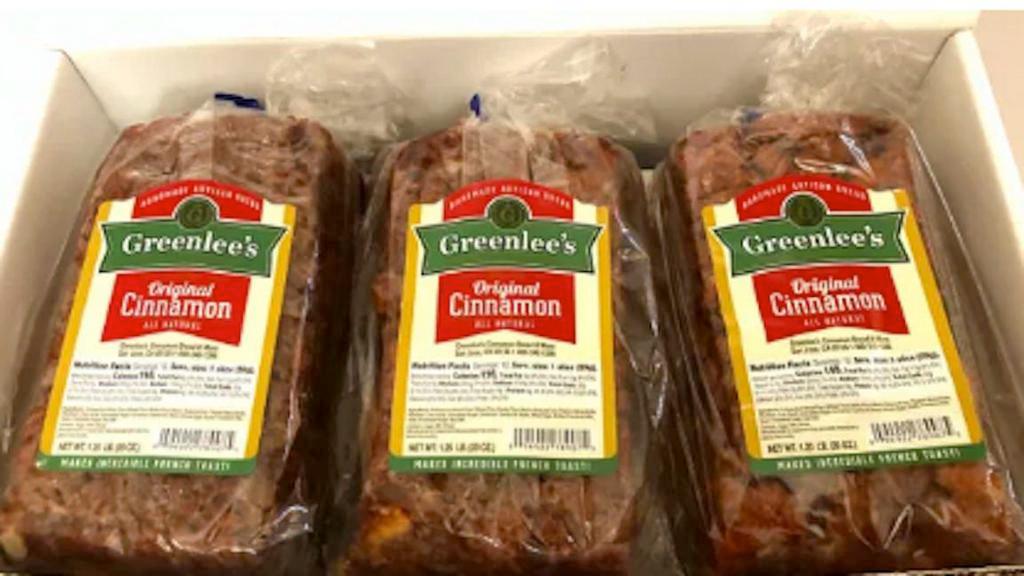 Greenlee’s Cinnamon Bread (6 pk) · PACKAGE DETAILS
Greenlee’s Cinnamon Bread & More – Raisin Cinnamon Bread (UPC 0 94922 85289 2) Net Wt 1.25 lb (20 oz) per loaf. Enriched unbleached wheat flour (wheat flour, barley flour, niacin, reduced iron, thiamin, mononitrate, riboflavin, folic acid), granulated sugar, water, whole eggs, raisins, butter, canola oil, yeast, powdered sugar, nonfat dry milk, ground cinnamon, salt.

HOW IT SHIPS
Ships ready to serve

TO SERVE
Ready to serve

STORAGE INSTRUCTIONS
Product may be refrigerated or frozen. Can be reheated by using a conventional toaster