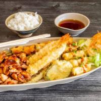 Special Boat · Pick one of chicken or salmon or pork katsu, includes shrimp and vegetable tempura, ebikushi...