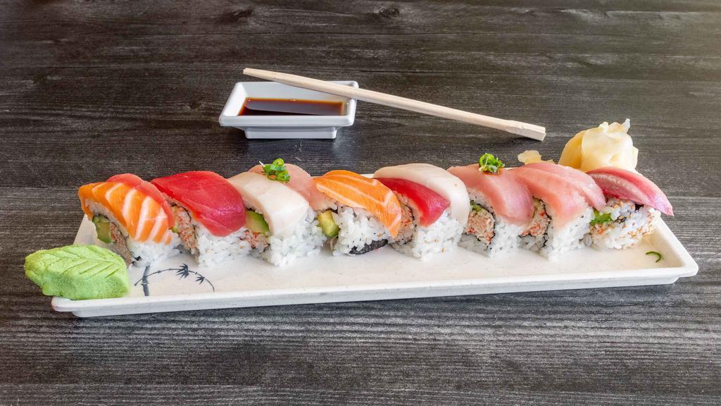 3. Rainbow Roll · Raw. Cucumber, avocado, and crab; topped with assorted raw fish.

Consuming raw or undercooked meats, poultry, seafood, shellfish, or eggs may increase your risk of foodborne illness, especially if you have certain medical conditions.