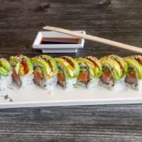 11. Aloha Roll · Raw. Sake, white tuna, cucumber; topped with avocado and eel sauce.

Consuming raw or underc...