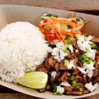 Sisig with Steamed Rice · Topped with diced onions, diced jalapenos and a side of achara.