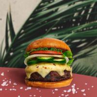 YOLO Jalapeno Vegan Burger · Seasoned vegan burger patty topped with vegan cheese, jalapenos, lettuce, tomato, onion, and...