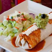 Super Burrito · Flour tortilla stuffed with rice, beans, cheese, cilantro, onions, hot salsa and your choice...