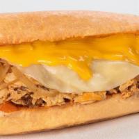 Buffalo Chicken Cheesesteak · Thinly sliced chicken with melted provolone, cheddar cheese sauce & griddled onions, doused ...