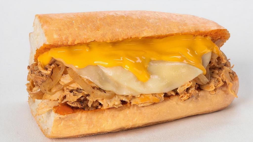 Buffalo Chicken Cheesesteak · Thinly sliced chicken with melted provolone, cheddar cheese sauce & griddled onions, doused with spicy buffalo sauce on a toasted hoagie roll