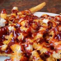 BBQ Loaded Chicken Fries · Fries topped with melty cheese, chicken, sweet grilled onions, and BBQ sauce.  I don’t know ...