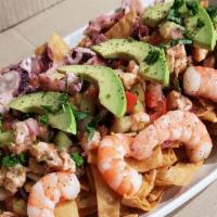 Boti Rochi · shrimp and octopus, ceviche, avocado chips