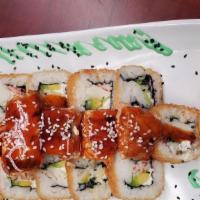 Salmon Roll · Philadelphia cheese, cucumber, avocado grilled salmon with honey chipotle, imitation crab meat