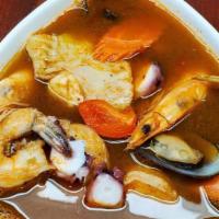 Caldo 7 Mares · Hot seafood soup, green mussels, octopus, head on shrimp, head less shrimp , tilapia fish fi...
