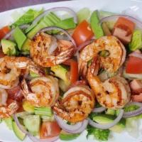 Shrimp salad · green mixed , cucumber, tomato, onions, lettuce, avocado, chipotle dressing sauce, add cooke...
