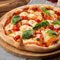 Pizza Box (Small) · Mozzarella, tomato sauce, garlic, ricotta, Roma tomatoes, fresh basil.