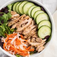 Bowls - Lemongrass Chicken · Grilled lemongrass chicken on rice, cold noodle, or organic spring mix.  Sauce included