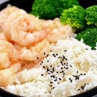 Bowls - Garlic Shrimps · Garlic shrimps on rice, noodle, or organic spring mix.  Sauce included.