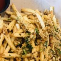 Cheesy Garlic Fries · garnished with shredded mozzarella and parsley