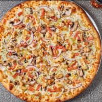 White Chicken Pizza · Chicken, red onions, and green peppers over garlic white sauce.