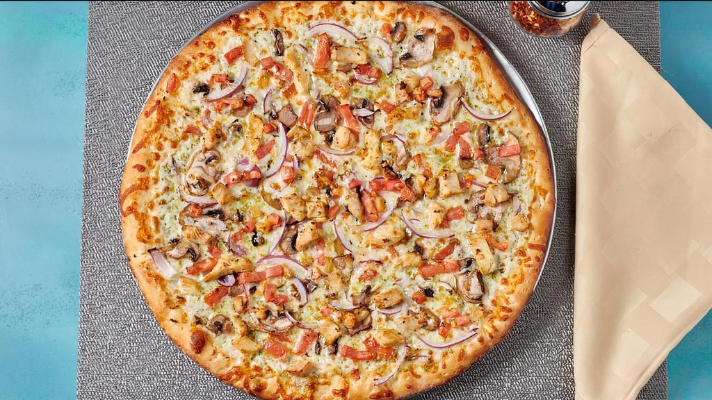 White Chicken Pizza · Chicken, red onions, and green peppers over garlic white sauce.