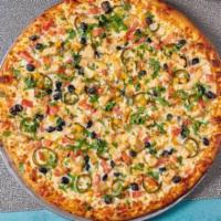 Chipotle Pizza · Spicy. Chipotle sauce, chicken, tomatoes, jalapenos, corn, black beans, and cilantro.
