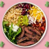 Don't Steak My Heart Bowl · Carne asada steak bowl served with cilantro lime rice, Peruvian beans, jalapenos, pico de ga...