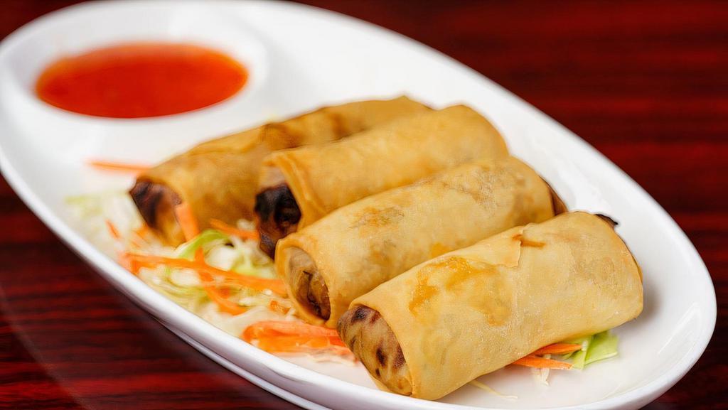 Por-Pier Pak (Veg Egg Rolls) · Vegetarian egg rolls. Deep fried egg rolls (4) stuffed with silver noodle and vegetables served with sweet and sour sauce.