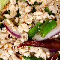 Larb Salad · Choice of ground chicken, or pork mixed with red onions, mint, cilantro, lime juice and grou...