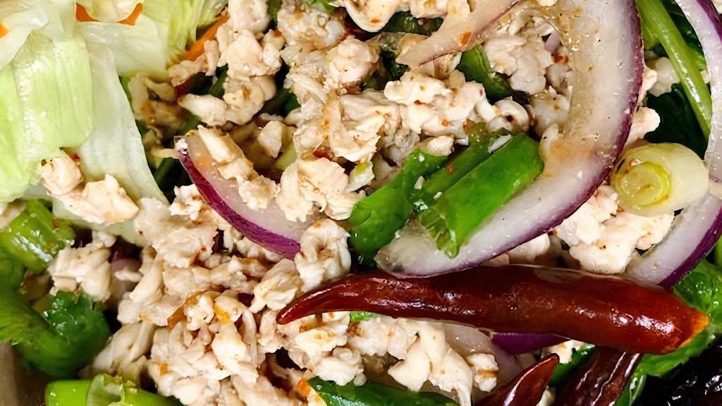 Larb Salad · Choice of ground chicken, or pork mixed with red onions, mint, cilantro, lime juice and ground roasted rice.